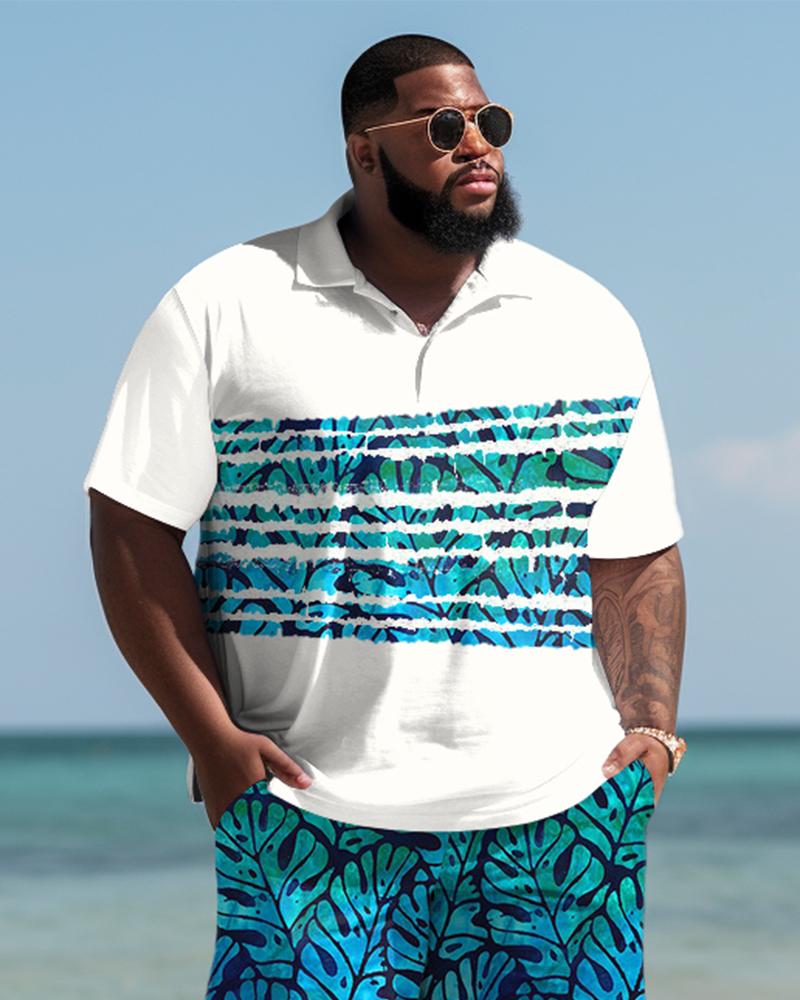 Hawaiian Leaf Striped Shirt And Shorts Two-Piece Men's Plus Size Set