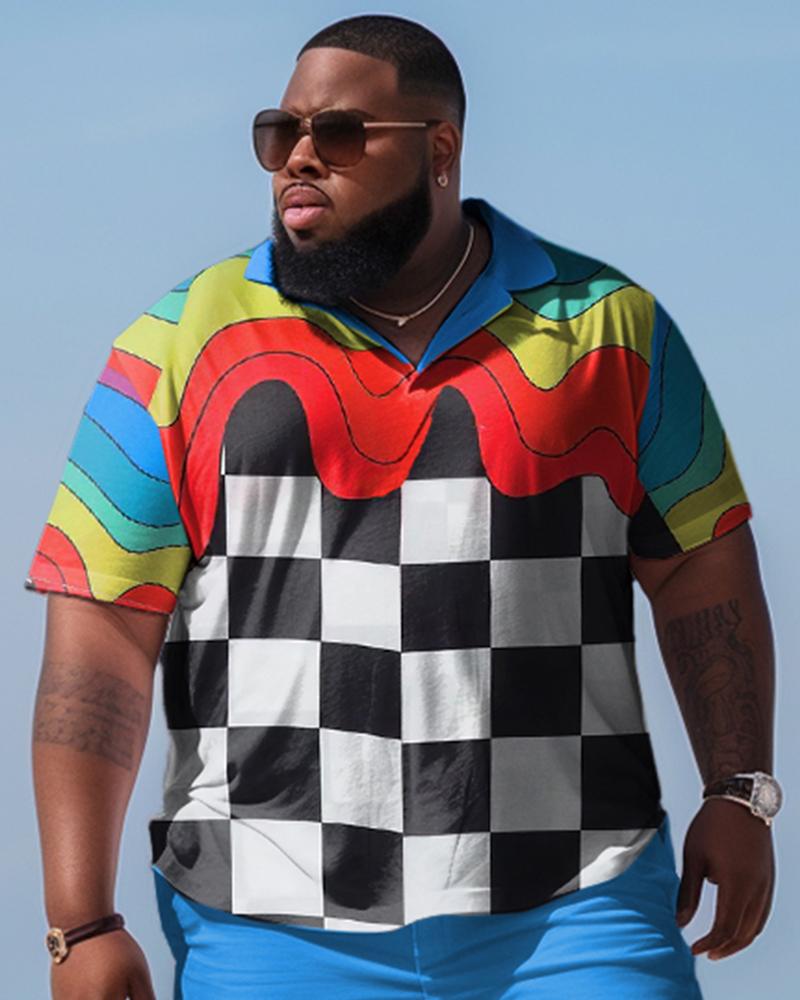 Men's Plus Size Beach Hawaiian Rainbow Checkerboard Two-Piece Set