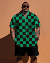 Load image into Gallery viewer, Men&#39;s Plus Size Green Plaid Print Short Sleeve Shirt Shorts Set