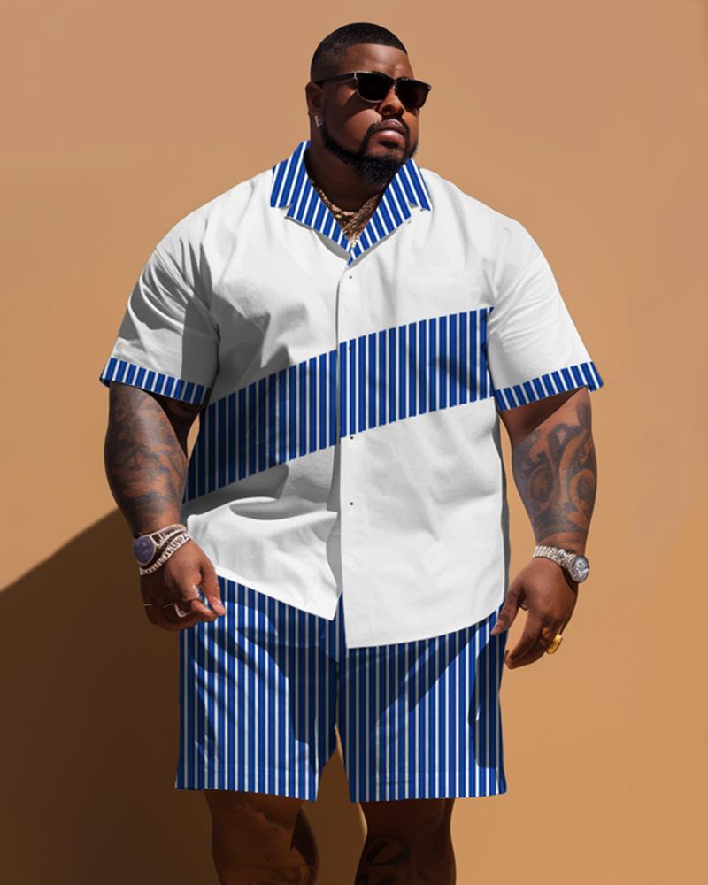 Men's Plus Size Striped Patchwork Short Sleeve Shirt Shorts Set