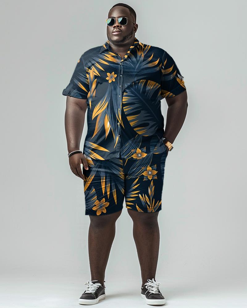 Men's Plus Size Leaf Pattern Short Sleeve Shirt Shorts Set