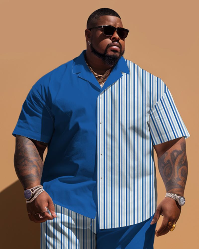 Men's Plus Size Striped Patchwork Short Sleeve Shirt Shorts Set