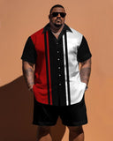 Men's Large Size Simple Contrast Color Vertical Strip Print Short-sleeved Shirt And Shorts Set