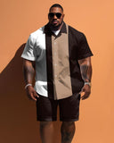 Men's Plus Size Simple Striped Colorblock Printed Short Sleeve Shirt And Shorts Set