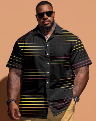 Men's Plus Size Simple Strip Print Short-sleeved Shirt And Shorts Set