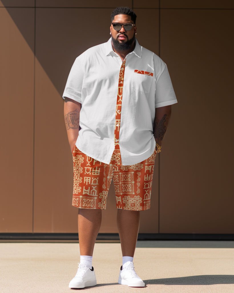 Men's Plus Size Simple Retro Ethnic Pattern Short Sleeve Shirt Shorts Suit