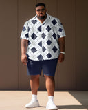 Men's Large Size Casual Retro Diamond Color Block Street Short Shirt Shorts Suit