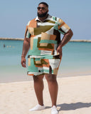 Men's Large Size Color Block Hawaiian Color Block Shirt Shorts Two Piece Set