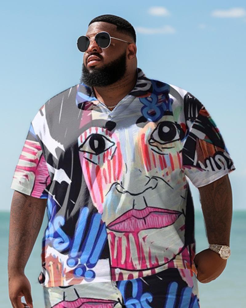 Men's Plus Size Hawaiian Pop Art Two-Piece Set