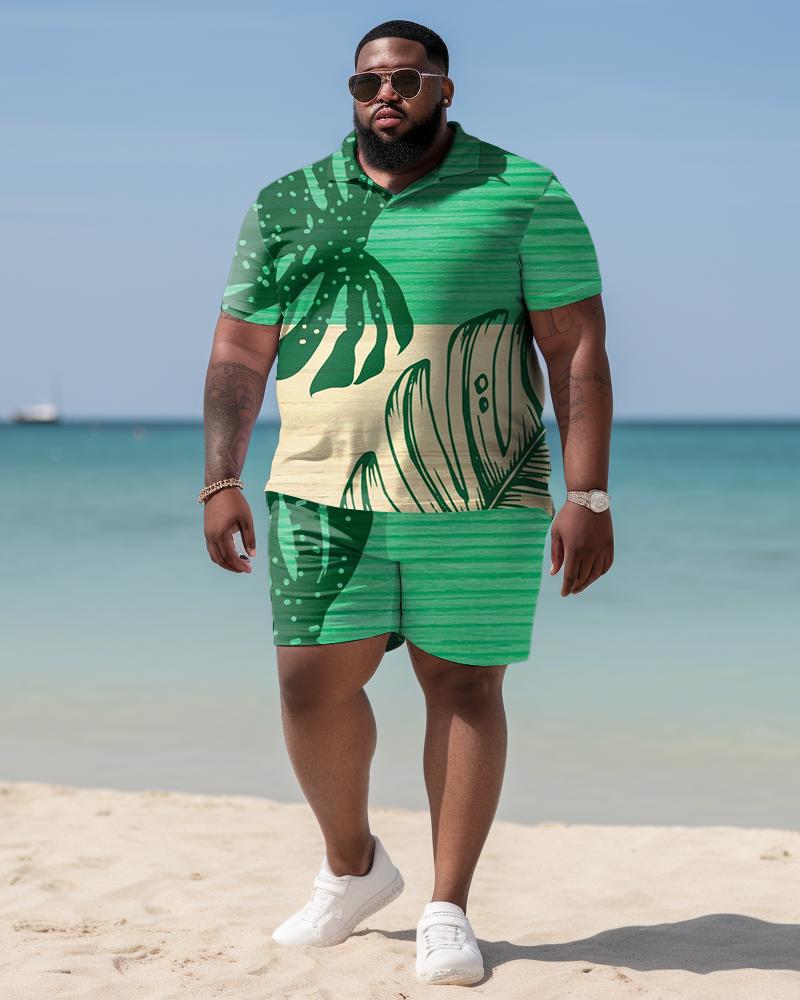 Men's Plus Size Hawaiian Art Coconut Color Block Shirt And Shorts Two-Piece Set