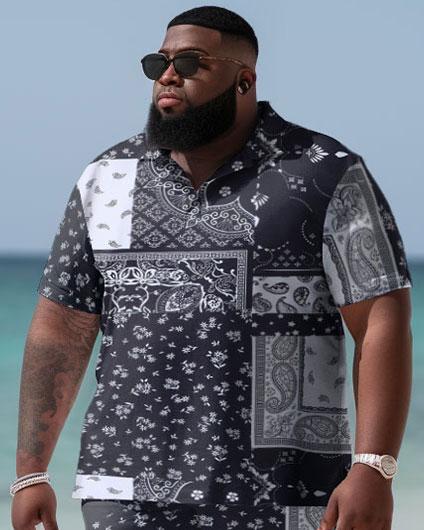 Men's Plus Size Seaside Peris Pattern Hawaiian Shirt Shorts Two Piece Set