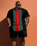 Men's Plus Size Simple Contrast Color Strip Pattern Short Sleeve Shirt Shorts Set