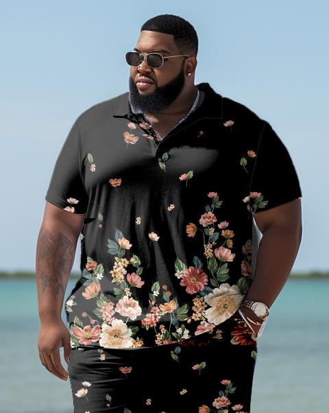 Men's Plus Size Hawaiian Art Floral Shirt And Shorts Two-Piece Set