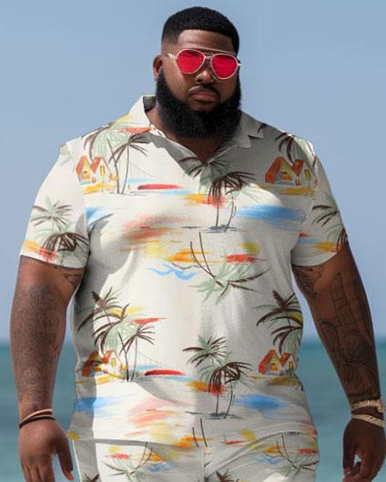 Men's Plus Size Hawaiian Color Block Coconut Shirt Shorts Two Piece Set