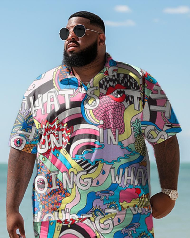 Men's Plus Size Beach Hawaiian Print Two-Piece Set