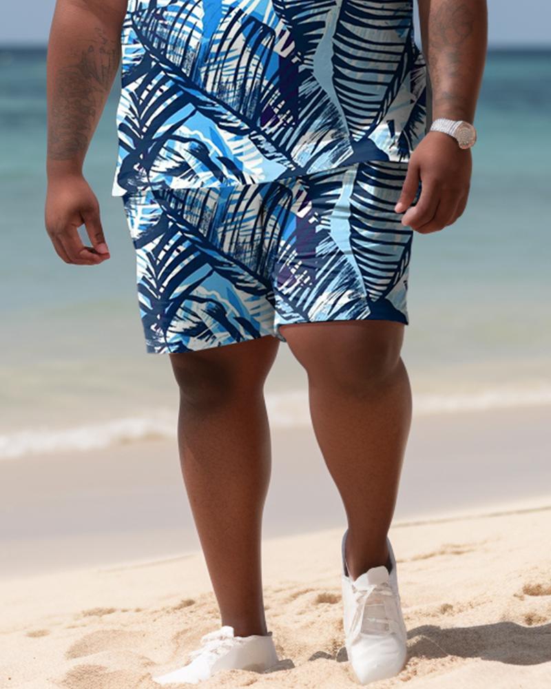 Hawaiian Leaves Colorblock Shirt And Shorts Two-piece Men's Plus Size Set