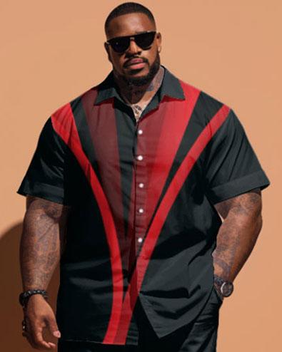 Men's Plus Size Simple Line Print Short-sleeved Shirt And Shorts Set