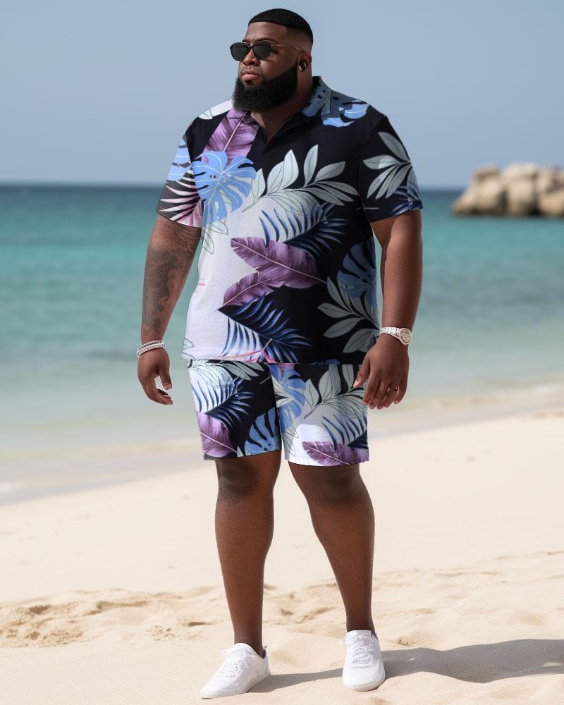 Men's Plus Size Beach Hawaiian Pattern Shirt and Shorts Two-piece Set