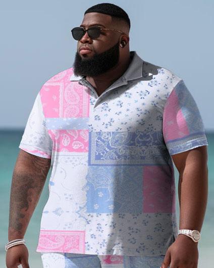 Men's Plus Size Seaside Hawaiian Peris Pattern Shirt and Shorts Two-piece Set