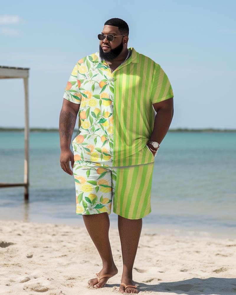 Men's Plus Size Hawaiian Art Lemon Stripe Shirt Shorts Two Piece Set