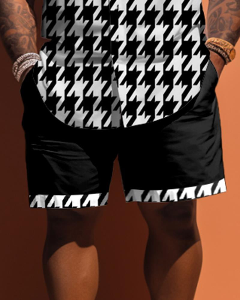 Men's Plus Size Classic Houndstooth Pattern Short Sleeve Shirt Shorts Set