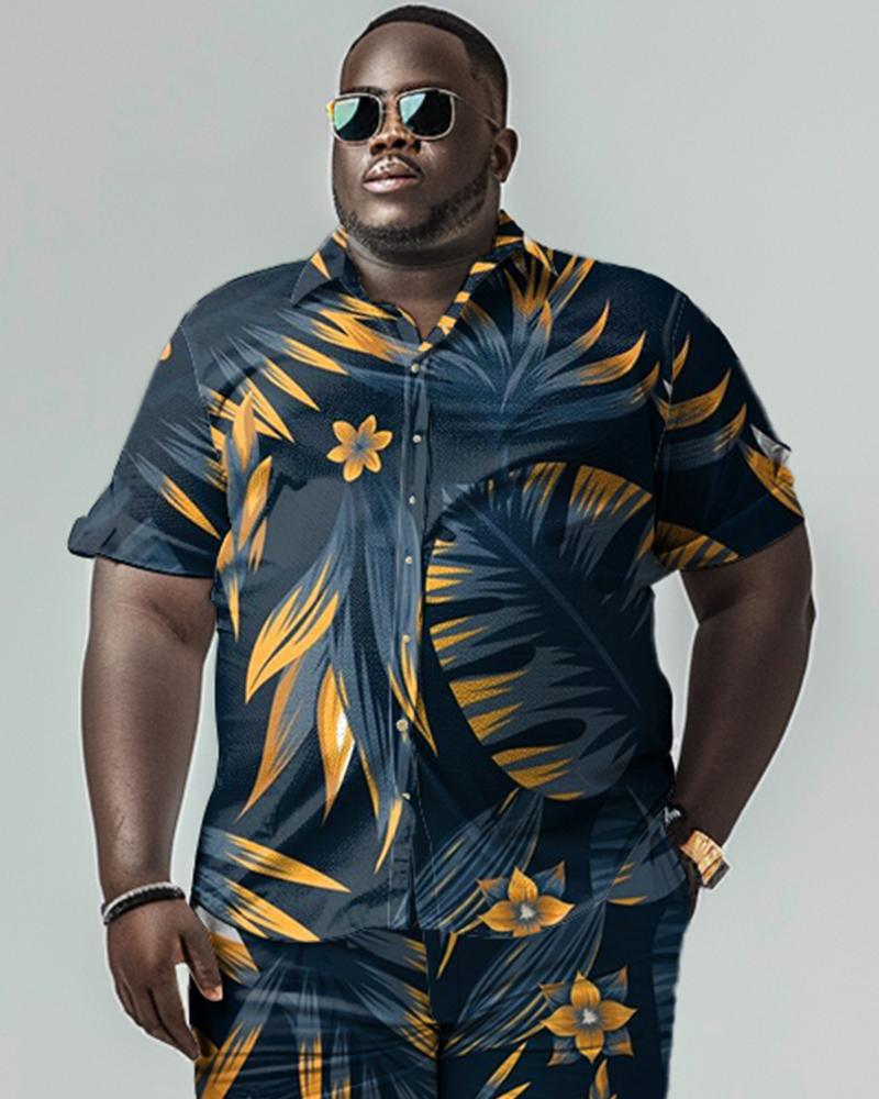 Men's Plus Size Leaf Pattern Short Sleeve Shirt Shorts Set