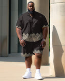 Men's Plus Size Casual Geometric Printed Black Short Shirt Shorts Suit Short Shirt Shorts Suit