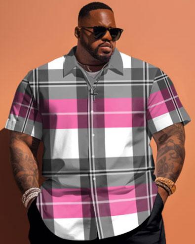 Men's Plus Size Pink Plaid Print Short Sleeve Shirt Shorts Set