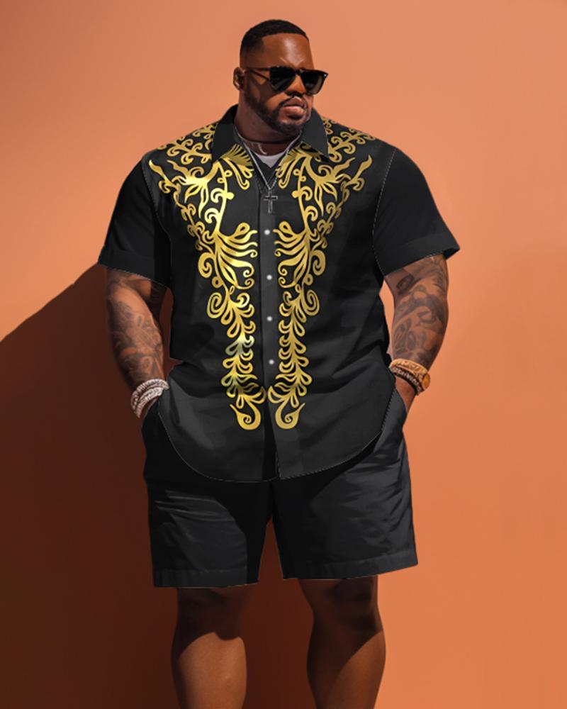 Men's Plus Size Classic Pattern Short Sleeve Shirt Shorts Set