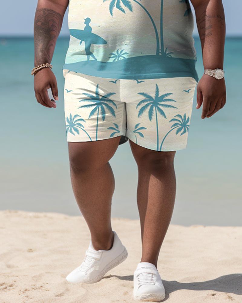 Men's Plus Size Hawaiian Art Coconut Color Block Shirt And Shorts Two-Piece Set