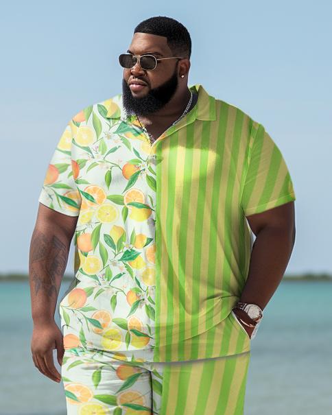 Men's Plus Size Hawaiian Art Lemon Stripe Shirt Shorts Two Piece Set