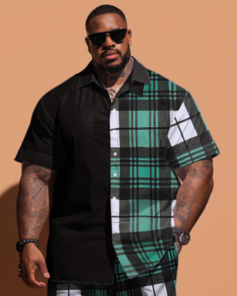 Men's Plus Size Simple Plaid Pattern Stitching Short Sleeve Shirt Shorts Set