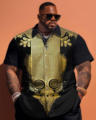 Men's Plus Size Ethnic Pattern Printed Short Sleeve Shirt And Shorts Set