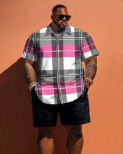 Load image into Gallery viewer, Men&#39;s Plus Size Pink Plaid Print Short Sleeve Shirt Shorts Set