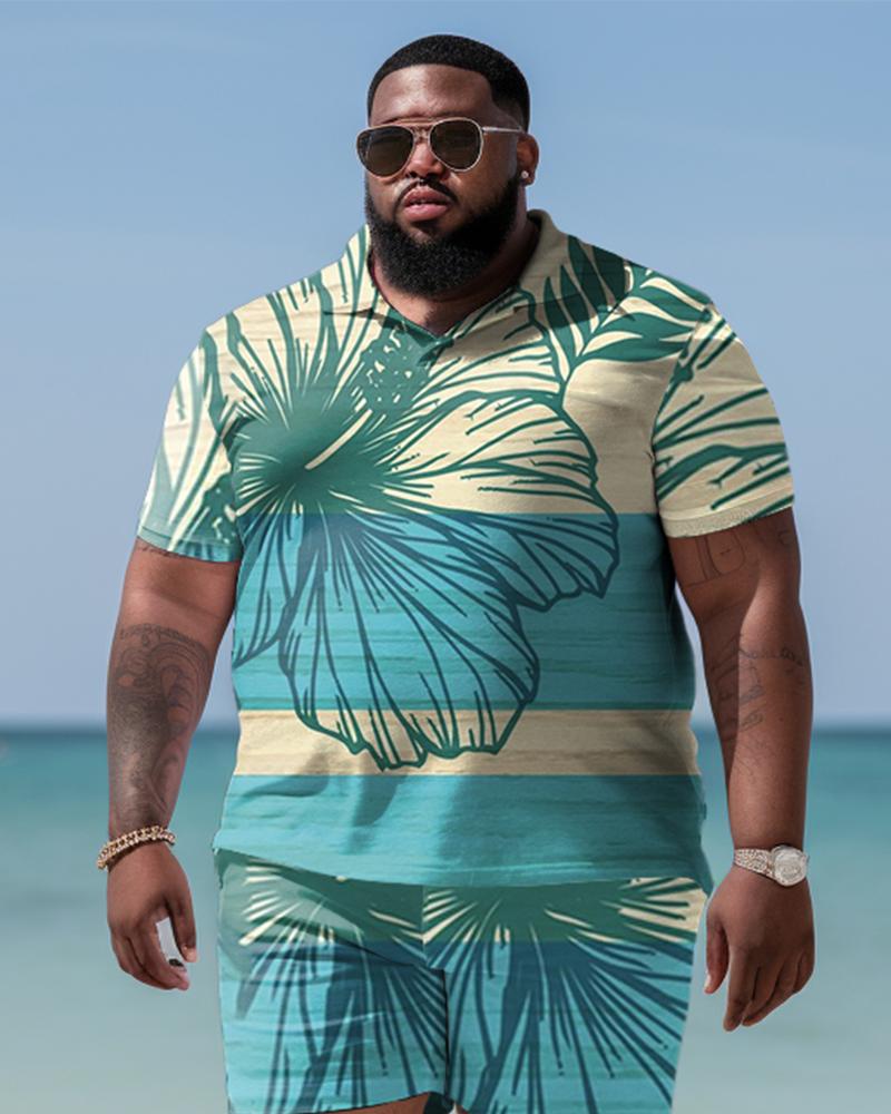 Men's Plus Size Hawaiian Art Coconut Color Block Shirt And Shorts Two-Piece Set