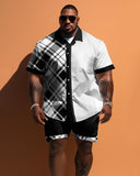 Men's Large Size Simple Black And White Diamond Pattern Short Sleeve Shirt Shorts Set