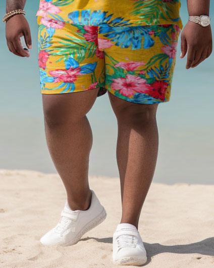 Men's Large Size Hawaiian Flower Lotus Leaf Pattern Color Block Shirt Shorts Two-piece Set