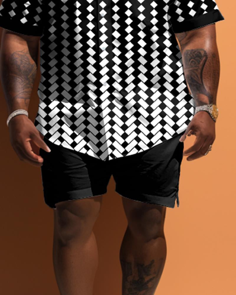 Men's Plus Size Simple Geometric Pattern Short Sleeve Shirt Shorts Set