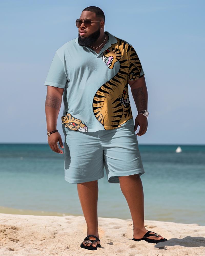 Men's Plus Size Beach Hawaiian Tiger Print Two-Piece Set