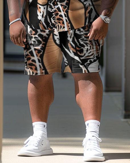 Men's Plus Size Irregular Leopard Print Short Shirt Shorts Suit