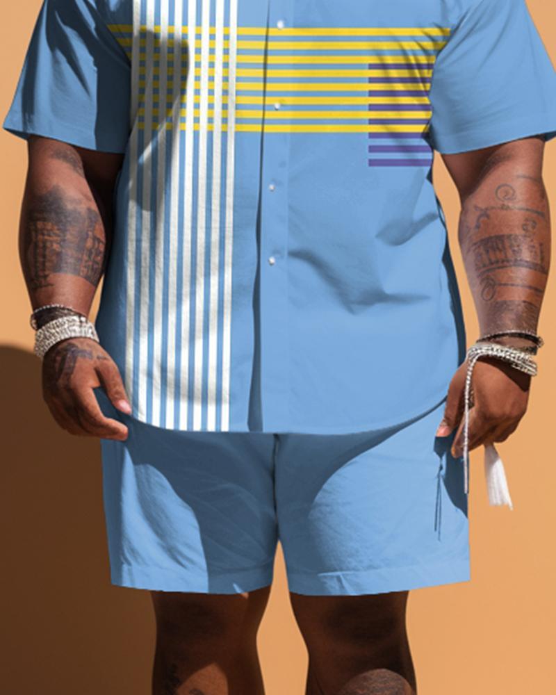 Men's Plus Size Simple Striped Short Sleeve Shirt And Shorts Set