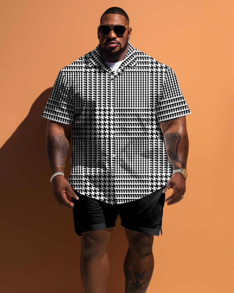 Men's Plus Size Simple Plaid Short Sleeve Shirt And Shorts Set