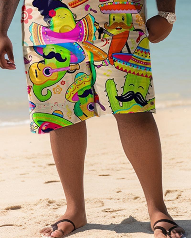 Men's Plus Size Hawaiian Beach Graffiti Print Two-Piece Set