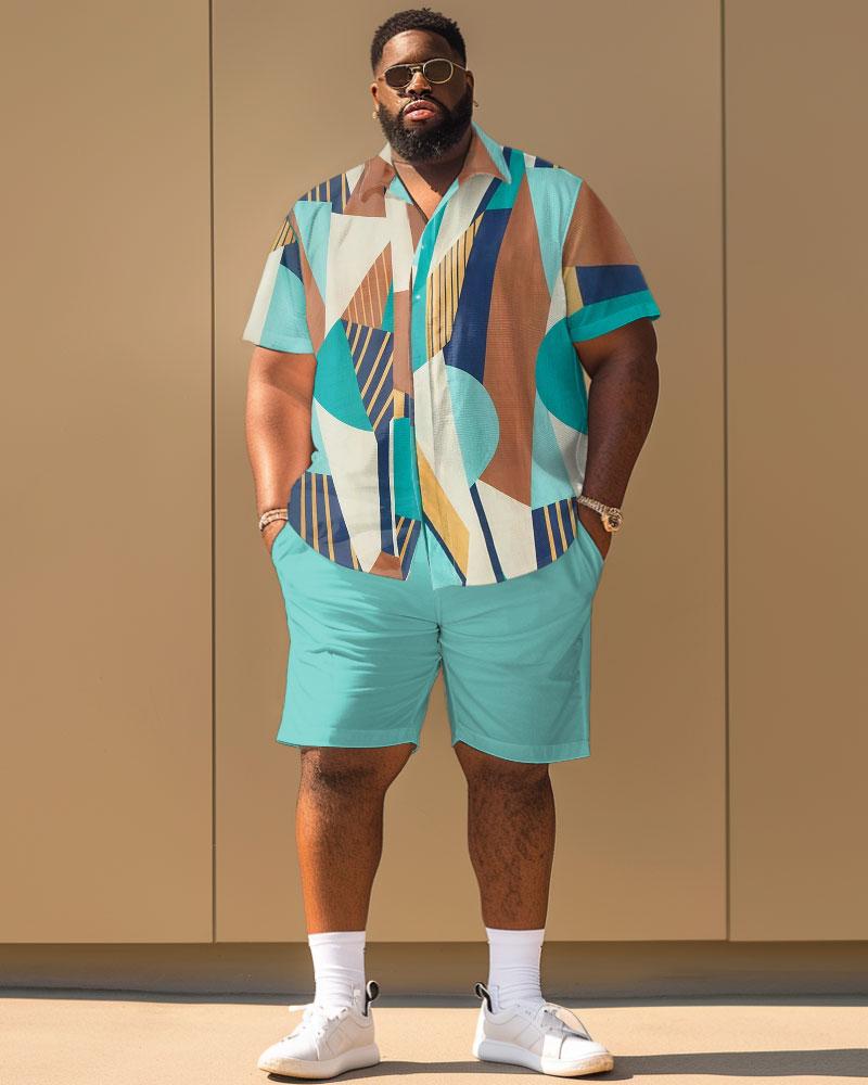 Men's Plus Size Simple Geometric Contrast Short Sleeve Shirt And Shorts Set