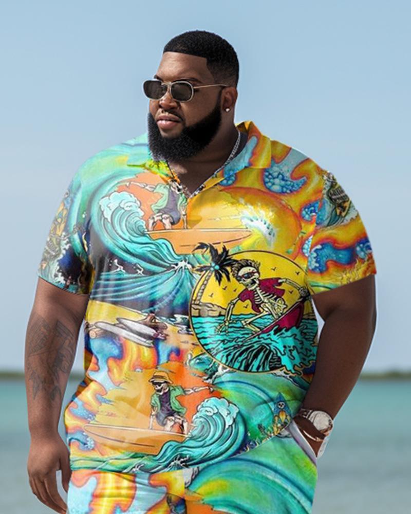 Men's Hawaiian Style Plus Size Skull Surf Two-Piece Set