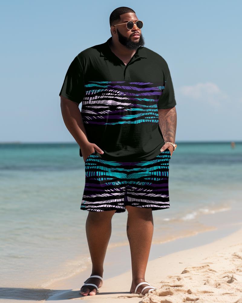 Hawaiian Leaf Striped Shirt And Shorts Two-Piece Men's Plus Size Set