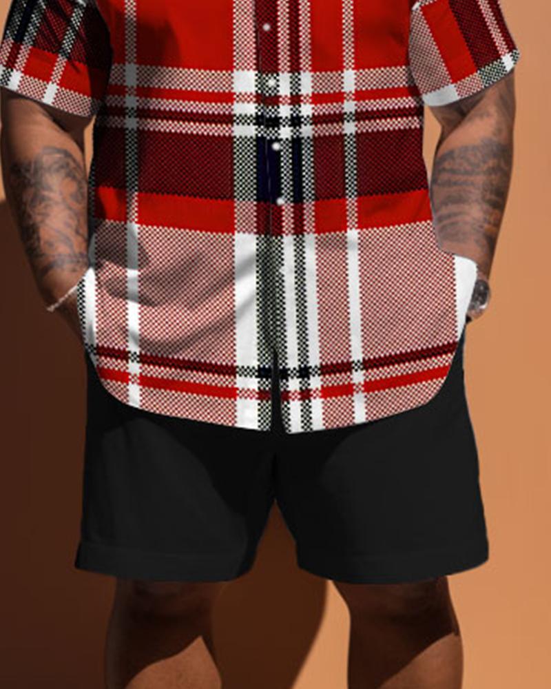 Men's Plus Size Classic Plaid Short Sleeve Shirt Shorts Set