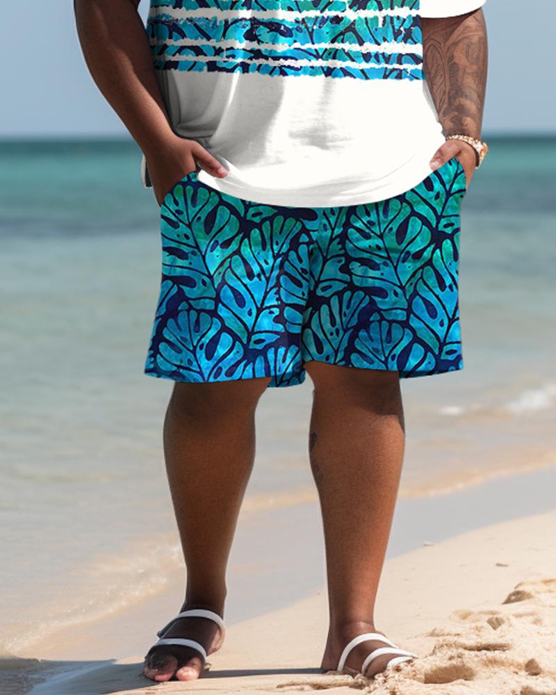 Hawaiian Leaf Striped Shirt And Shorts Two-Piece Men's Plus Size Set