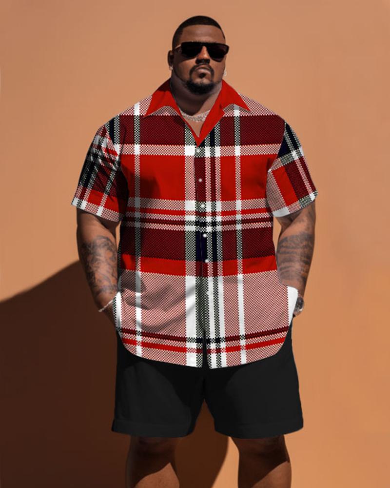 Men's Plus Size Classic Plaid Short Sleeve Shirt Shorts Set