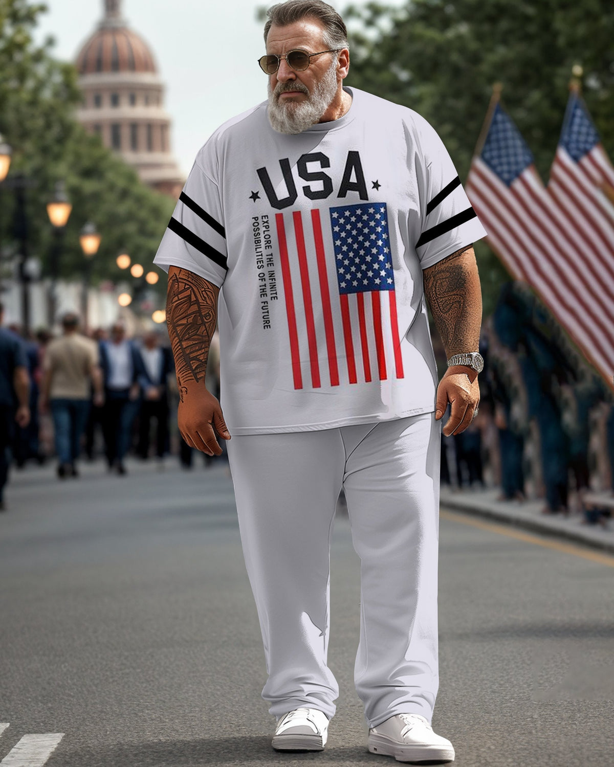 Men's Large Size USA Flag Simple Street Short-sleeved T-shirt and Pants Suit